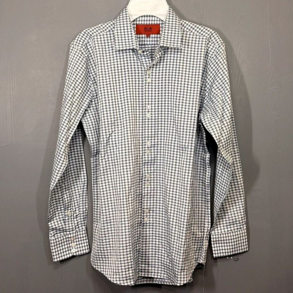 Elie Balleh 16 Boy Blue White Checkered Button Up Dress Shirt
